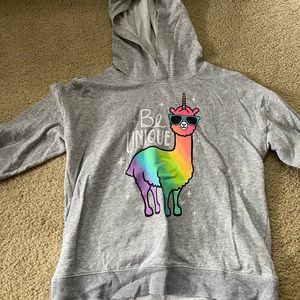 Super cute gray hoodie from Justice. Llama/unicorn on front.